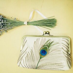 Handmade in Ireland Embroidered Peacock Feather Clutch Bag with Kiss Lock